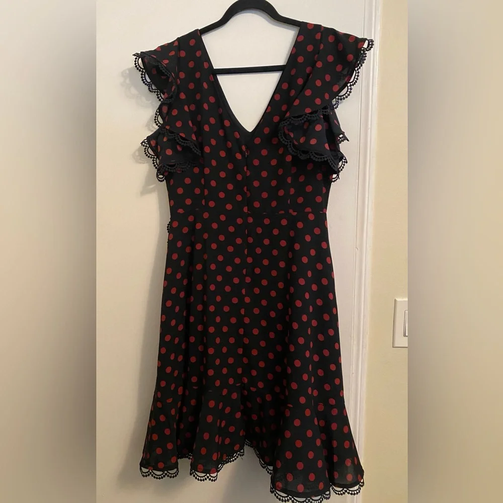 BB Dakota Polka Dot Ring The Alarm Knee Length Ruffled Dress size 12 - Picture 7 of 10